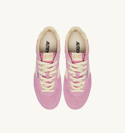 AUTRY WINDSPIN SNEAKERS IN ROSE POMPADUR AND RUTABAGA SUEDE AND LEATHER