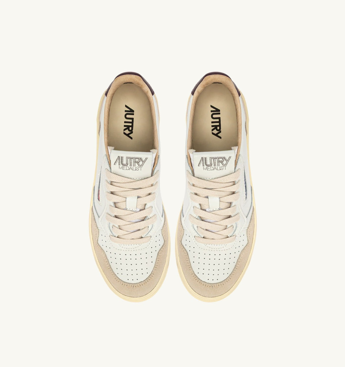 AUTRY MEDALIST LOW SNEAKERS IN WHITE LEATHER AND FIG SUEDE
