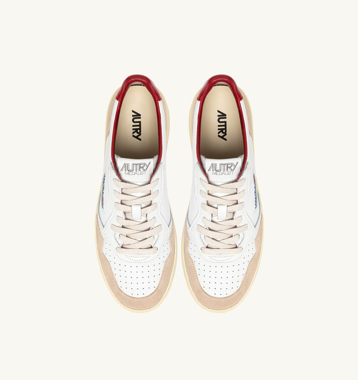 AUTRY MEDALIST LOW SNEAKERS IN WHITE AND RED SUEDE AND LEATHER WITH LETTERING
