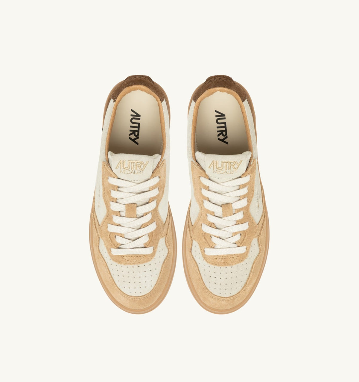 AUTRY MEDALIST LOW TRICOLOR SNEAKERS IN TUNDRA EGG AND PEANUT SUEDE