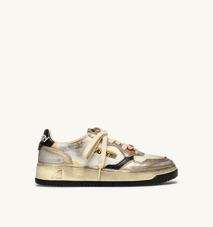 AUTRY MEDALIST LOW SUPER VINTAGE SNEAKERS IN WHITE MESH, GOLD SUEDE AND BLACK LEATHER