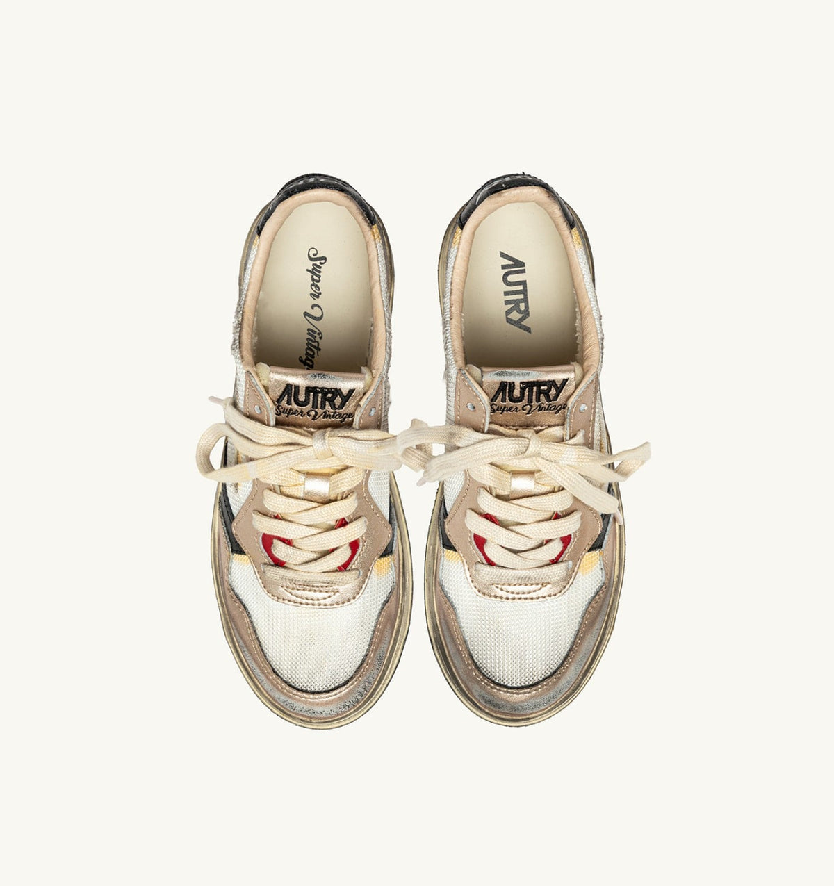 AUTRY MEDALIST LOW SUPER VINTAGE SNEAKERS IN WHITE MESH, GOLD SUEDE AND BLACK LEATHER