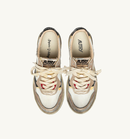 AUTRY MEDALIST LOW SUPER VINTAGE SNEAKERS IN WHITE MESH, GOLD SUEDE AND BLACK LEATHER