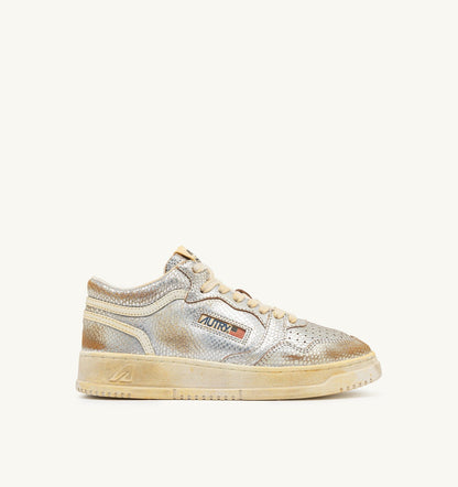 AUTRY MED-WAY SUPER VINTAGE SNEAKERS IN SILVER AND MARSHMALLOW SNAKE-PRINT LEATHER