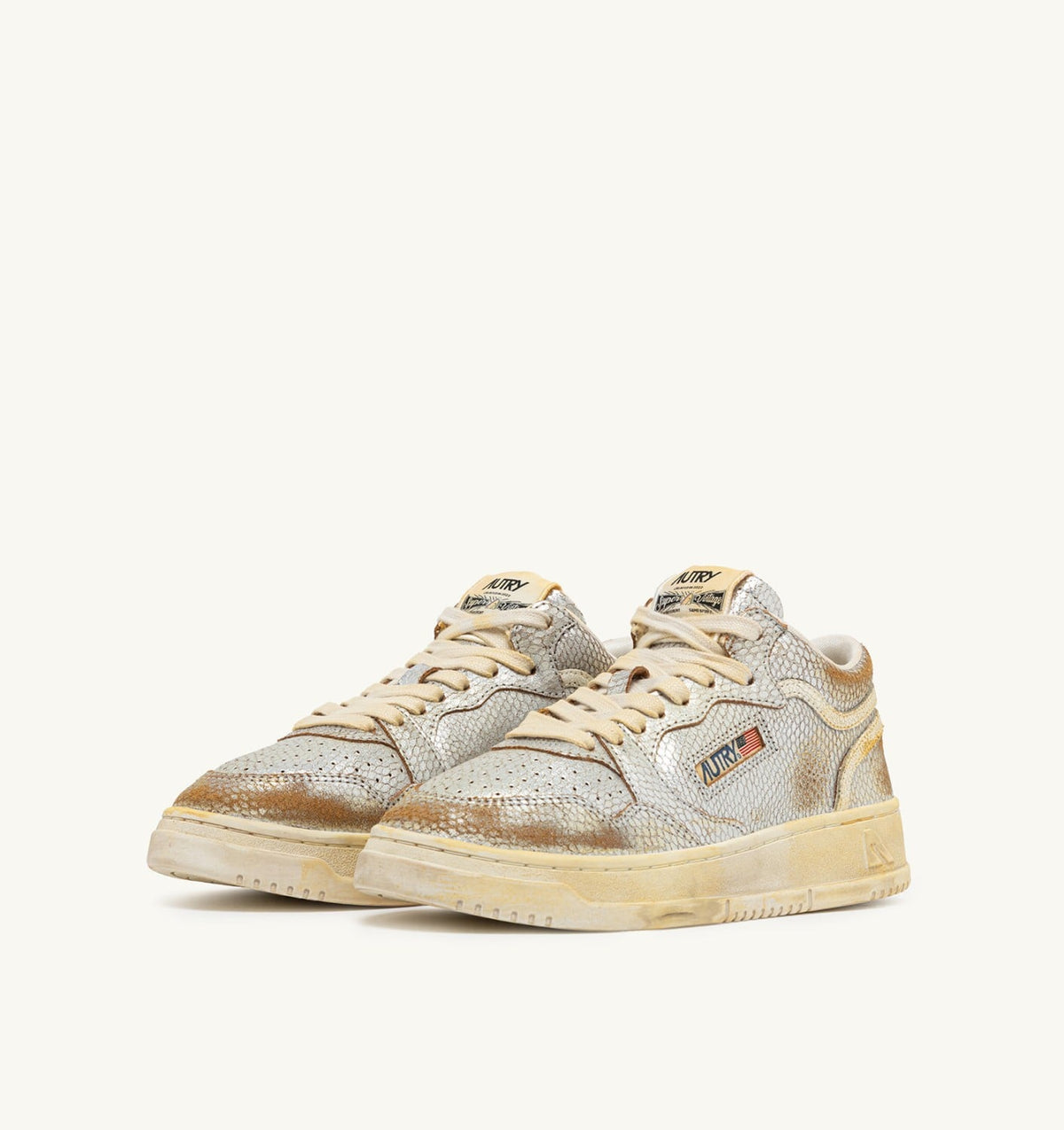 AUTRY MED-WAY SUPER VINTAGE SNEAKERS IN SILVER AND MARSHMALLOW SNAKE-PRINT LEATHER