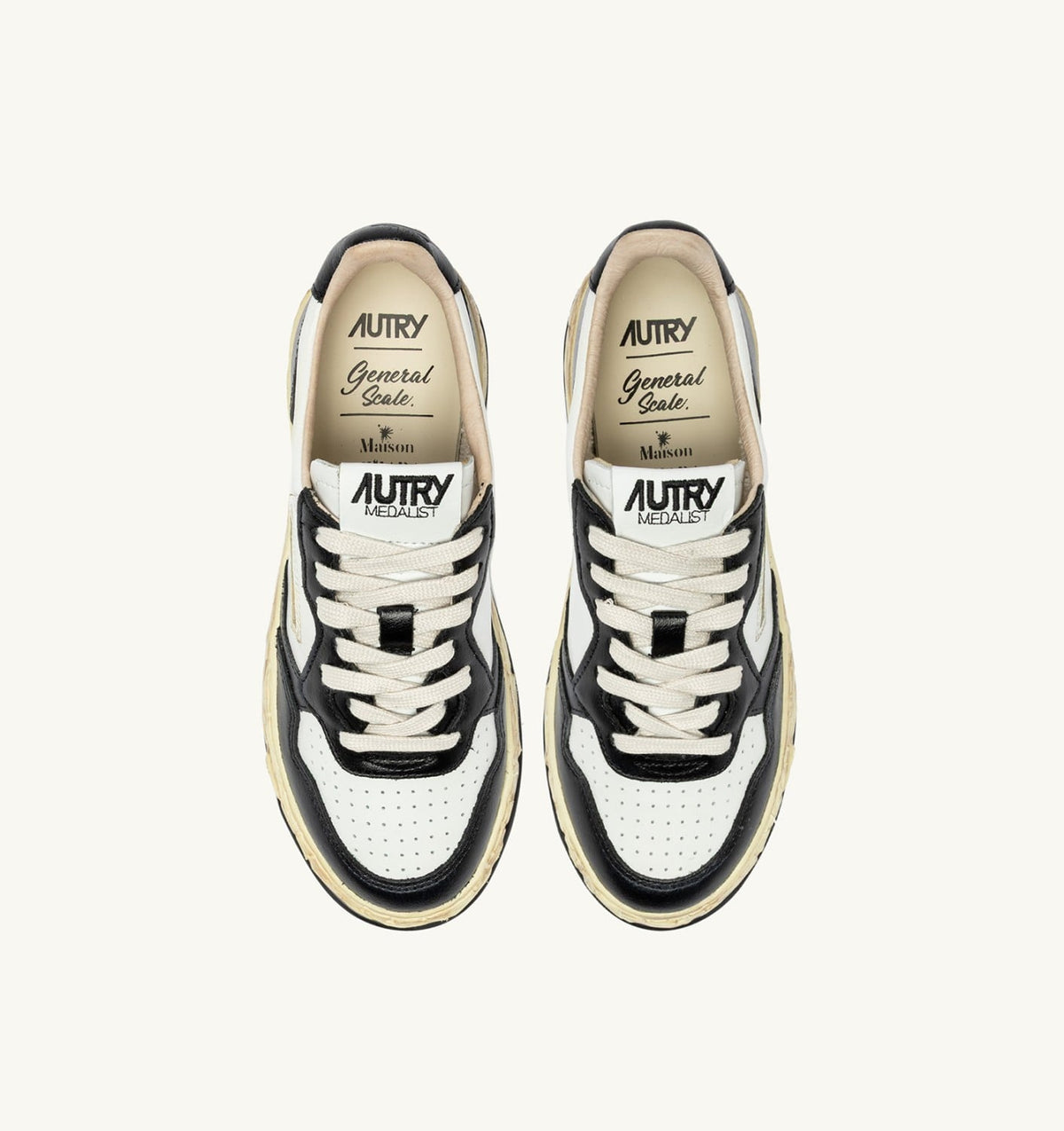 AUTRY MEDALIST LOW SUPER VINTAGE 'Autry x Maison MIHARA YASUHIRO General Scale.' SNEAKERS IN WHITE AND BLACK LEATHER