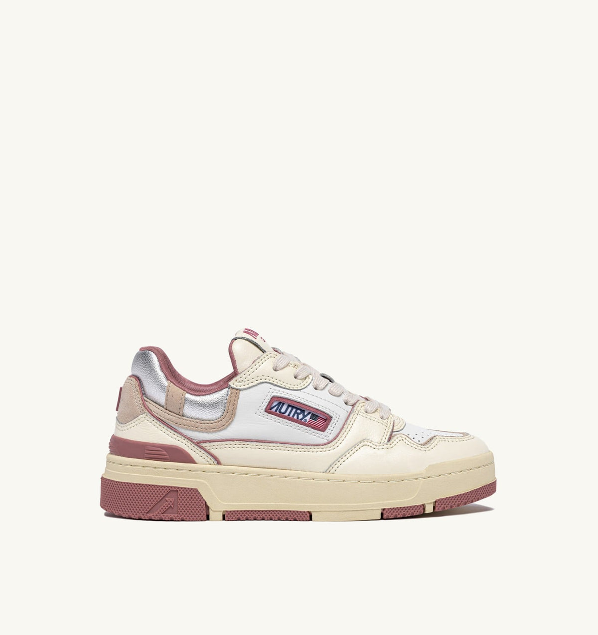 AUTRY CLC LOW SNEAKERS IN WHISPER WHITE ASH ROSE AND SILVER LEATHER