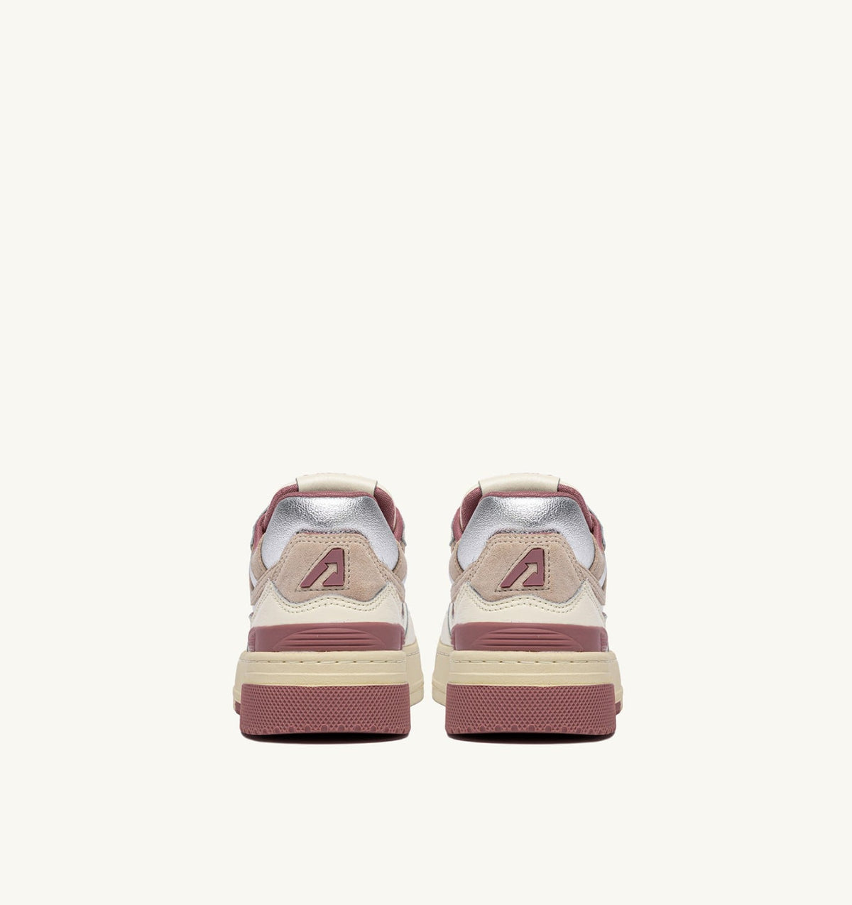 AUTRY CLC LOW SNEAKERS IN WHISPER WHITE ASH ROSE AND SILVER LEATHER