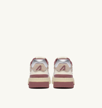 AUTRY CLC LOW SNEAKERS IN WHISPER WHITE ASH ROSE AND SILVER LEATHER