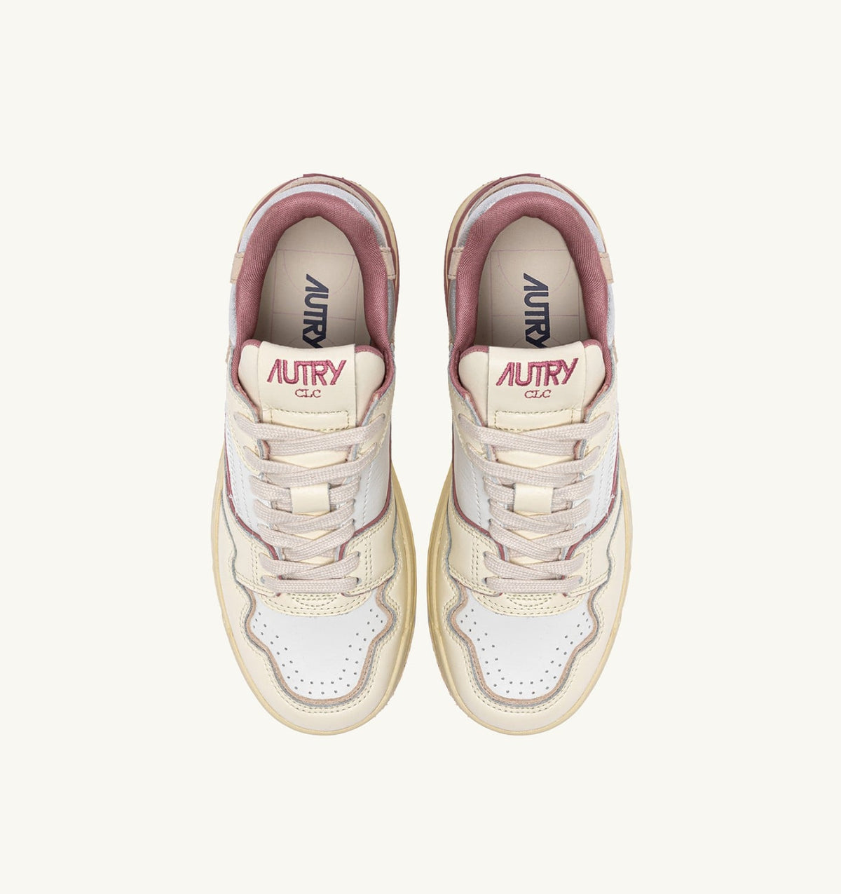 AUTRY CLC LOW SNEAKERS IN WHISPER WHITE ASH ROSE AND SILVER LEATHER