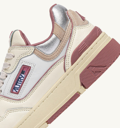AUTRY CLC LOW SNEAKERS IN WHISPER WHITE ASH ROSE AND SILVER LEATHER