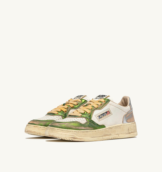 AUTRY MEDALIST LOW SUPER VINTAGE SNEAKERS IN GUN AND GREEN LEATHER