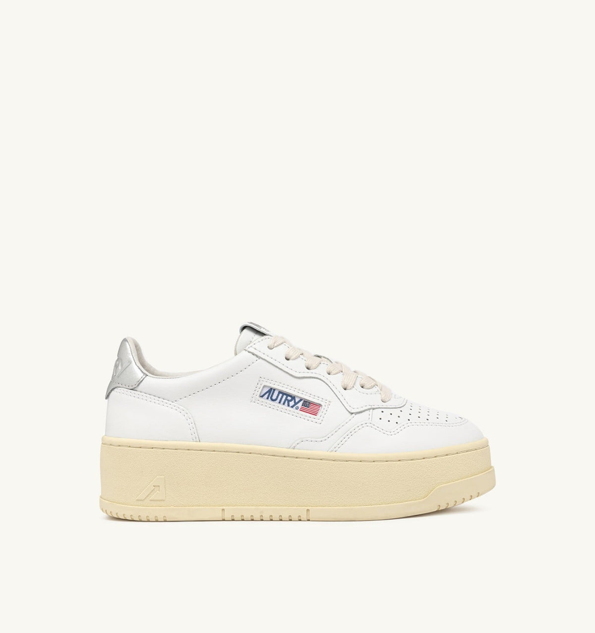 AUTRY MEDALIST PLATFORM SNEAKERS IN WHITE AND METALIZED SILVER LEATHER