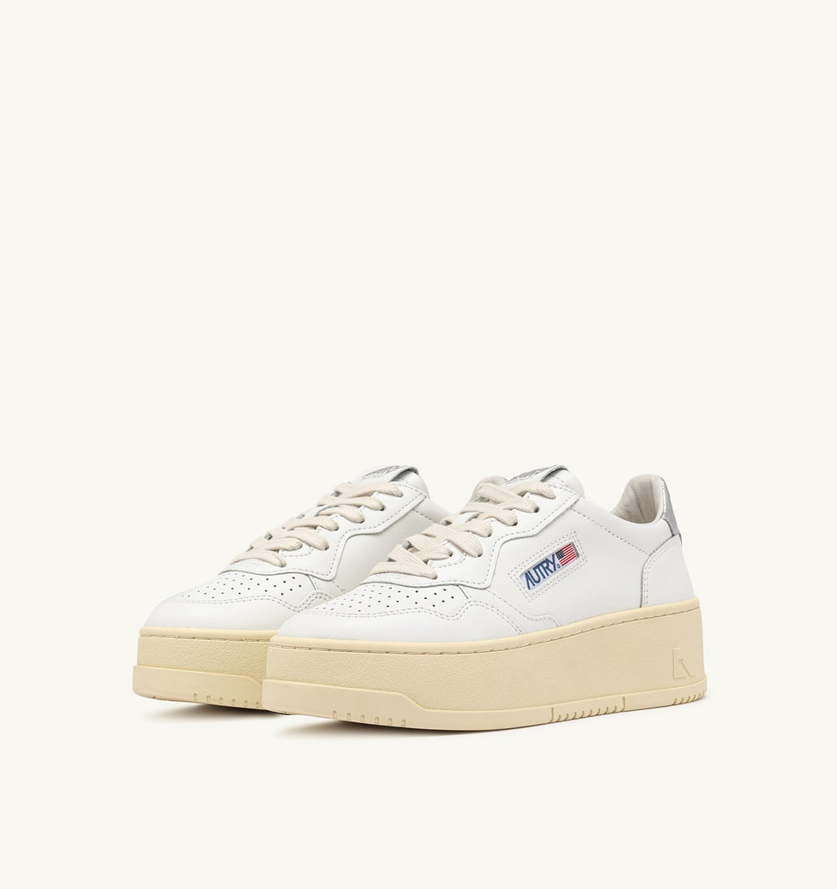 AUTRY MEDALIST PLATFORM SNEAKERS IN WHITE AND METALIZED SILVER LEATHER