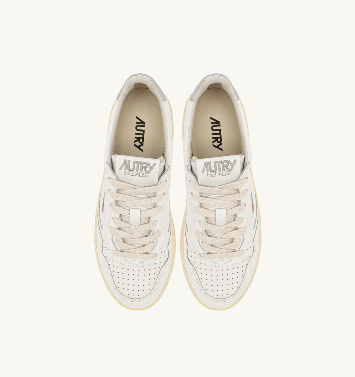 AUTRY MEDALIST PLATFORM SNEAKERS IN WHITE AND METALIZED SILVER LEATHER