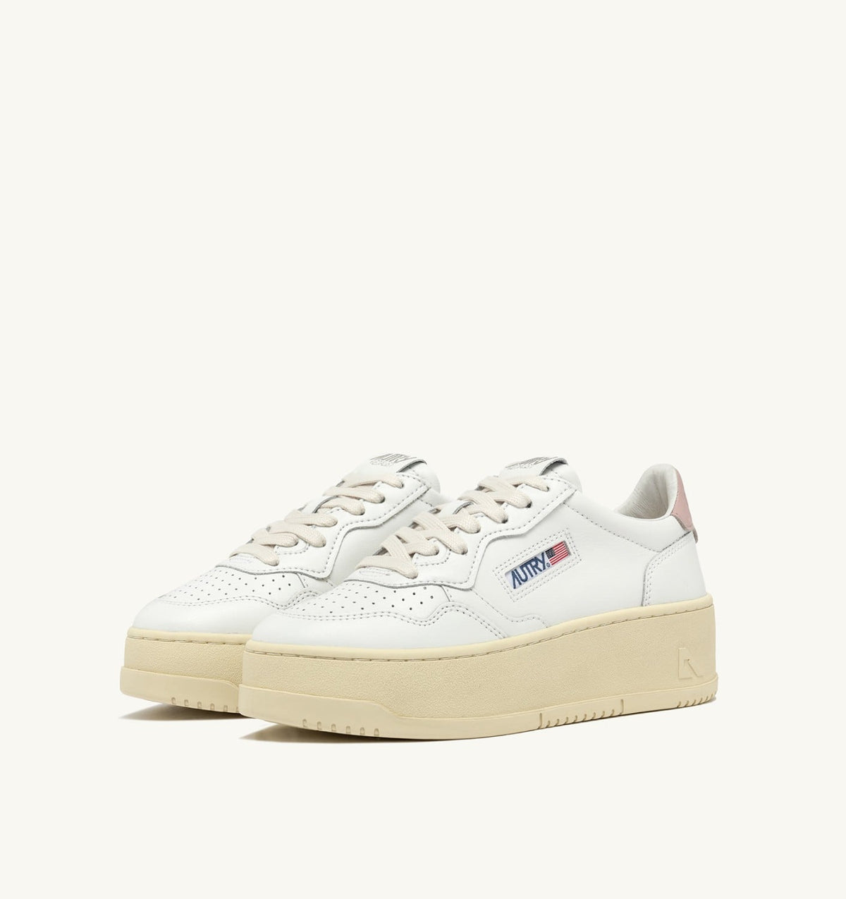 AUTRY MEDALIST PLATFORM SNEAKERS IN WHITE AND POWDER PINK LEATHER