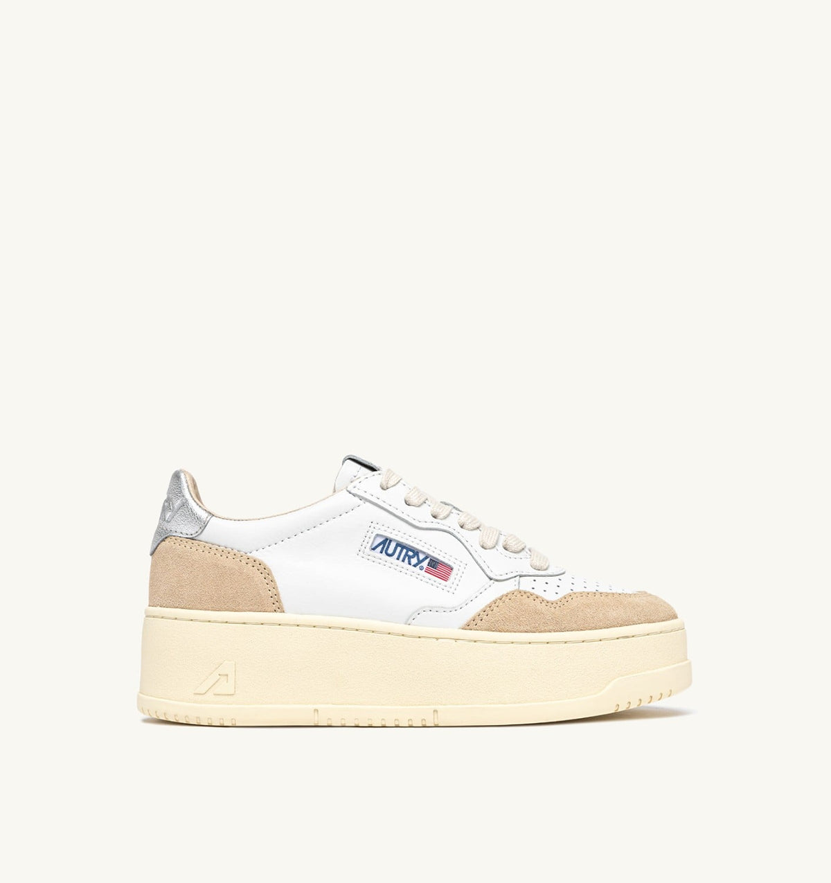 AUTRY MEDALIST PLATFORM SNEAKERS IN SILVER AND WHITE SUEDE AND LEATHER