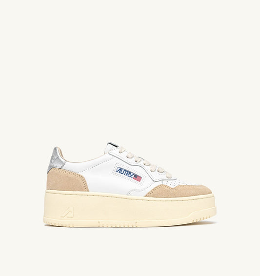 AUTRY MEDALIST PLATFORM SNEAKERS IN SILVER AND WHITE SUEDE AND LEATHER