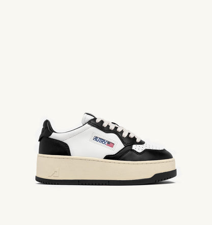 AUTRY MEDALIST PLATFORM SNEAKERS IN WHITE AND BLACK LEATHER
