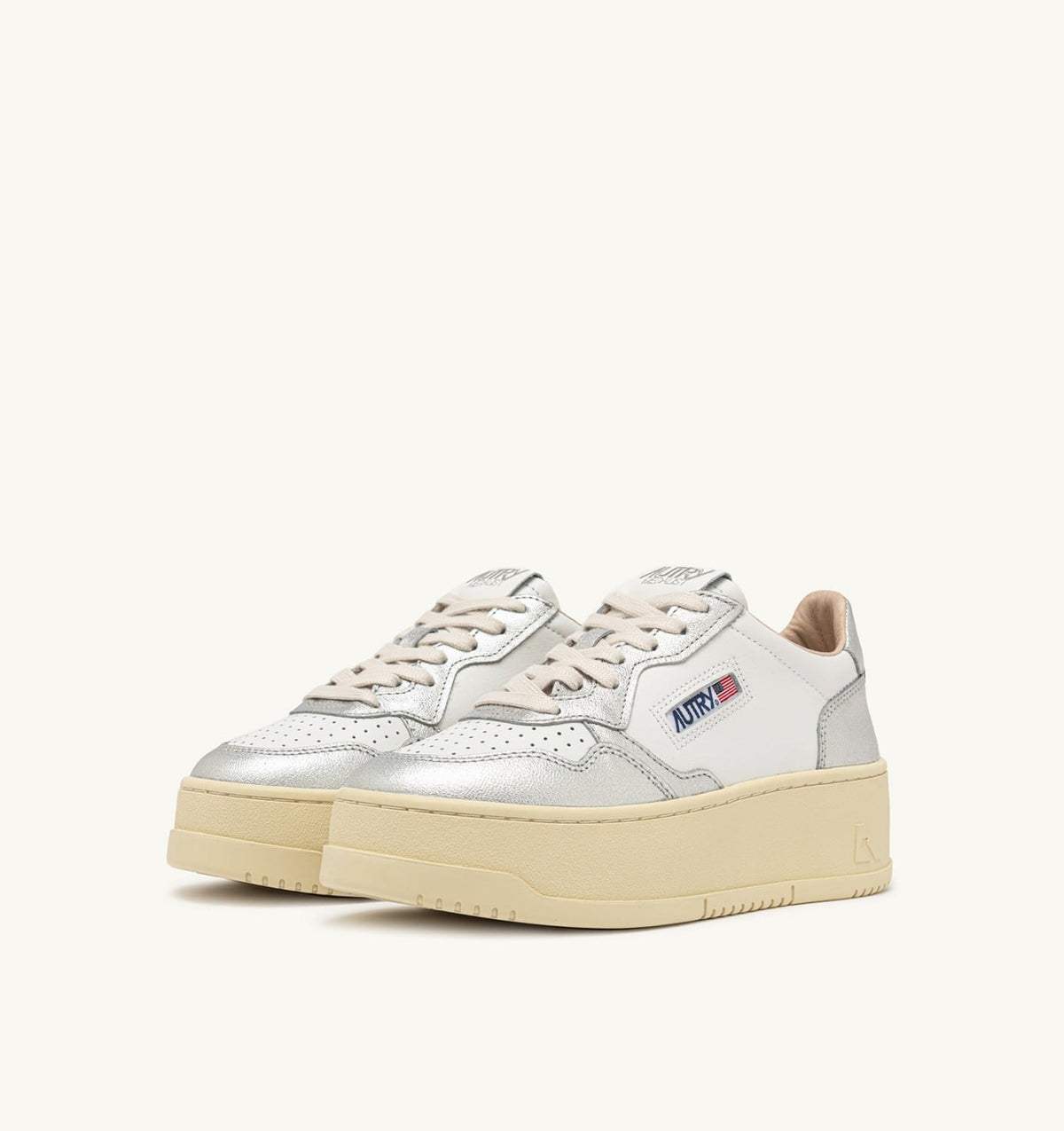 AUTRY MEDALIST PLATFORM SNEAKERS IN WHITE AND METALIZED SILVER LEATHER