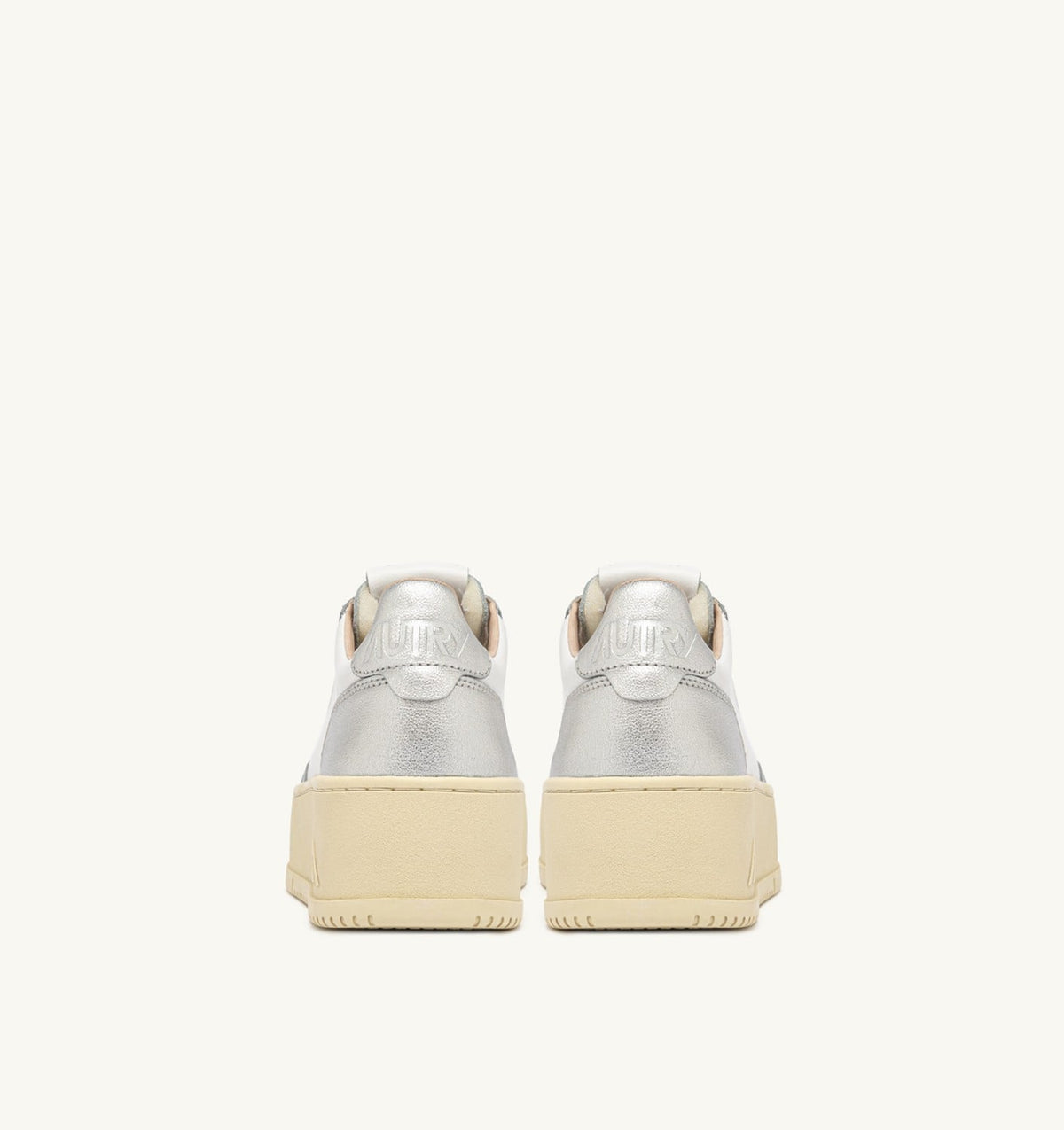 AUTRY MEDALIST PLATFORM SNEAKERS IN WHITE AND METALIZED SILVER LEATHER