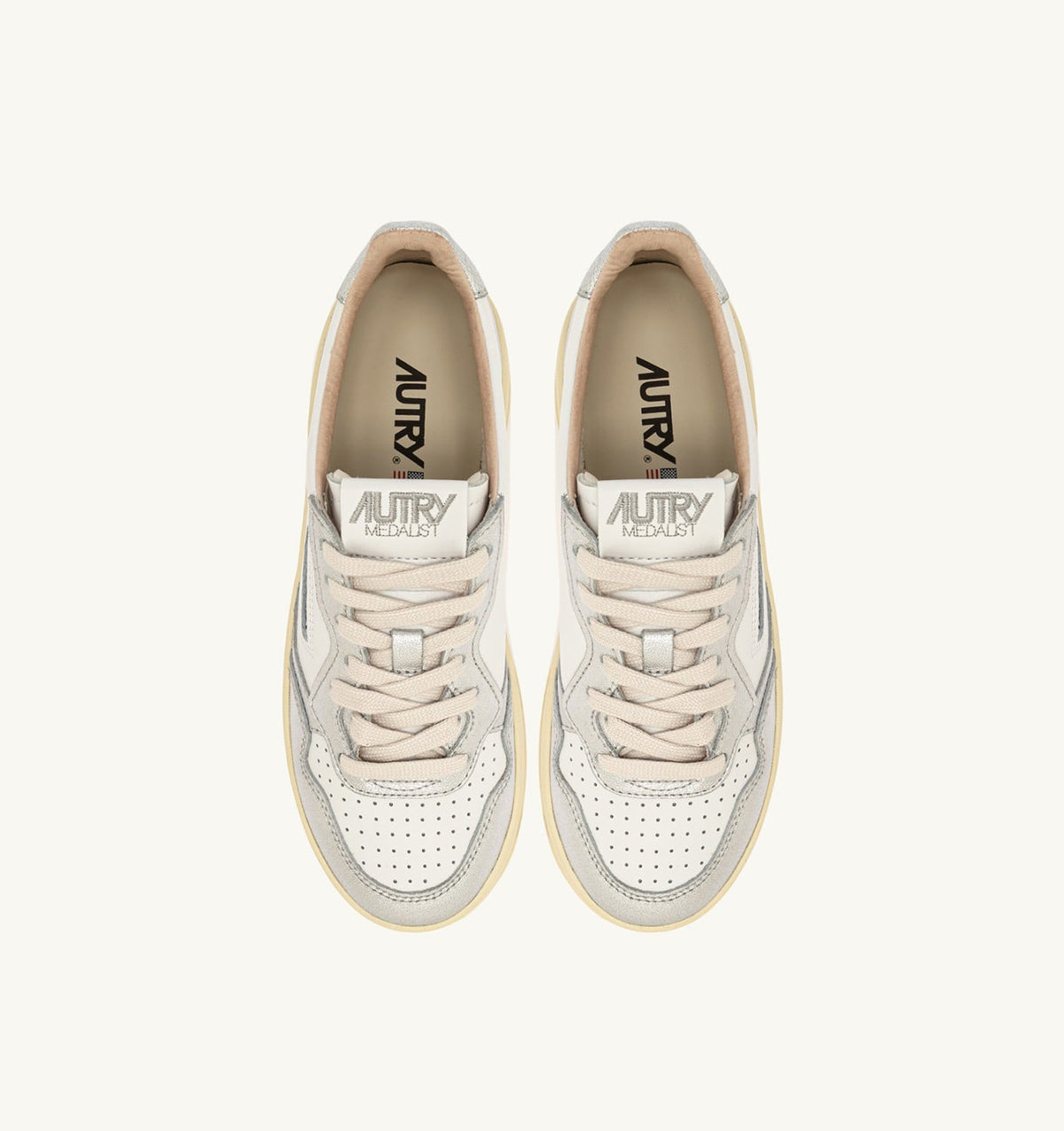 AUTRY MEDALIST PLATFORM SNEAKERS IN WHITE AND METALIZED SILVER LEATHER